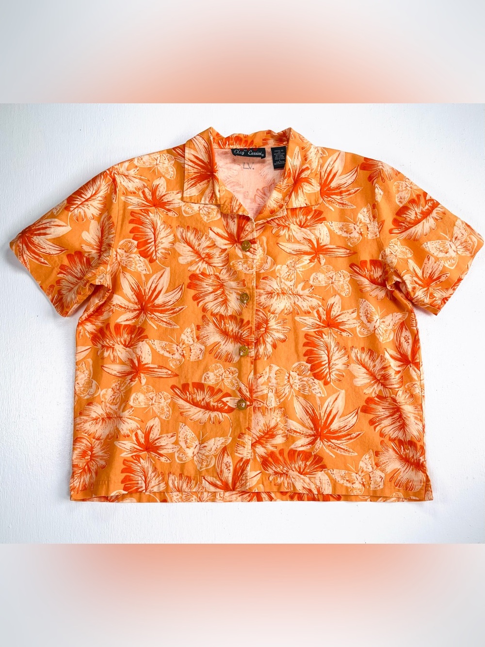 Vintage Butterfly Top Tiki Orange Floral Hawaiian Shirt Linen Button Shirt Large